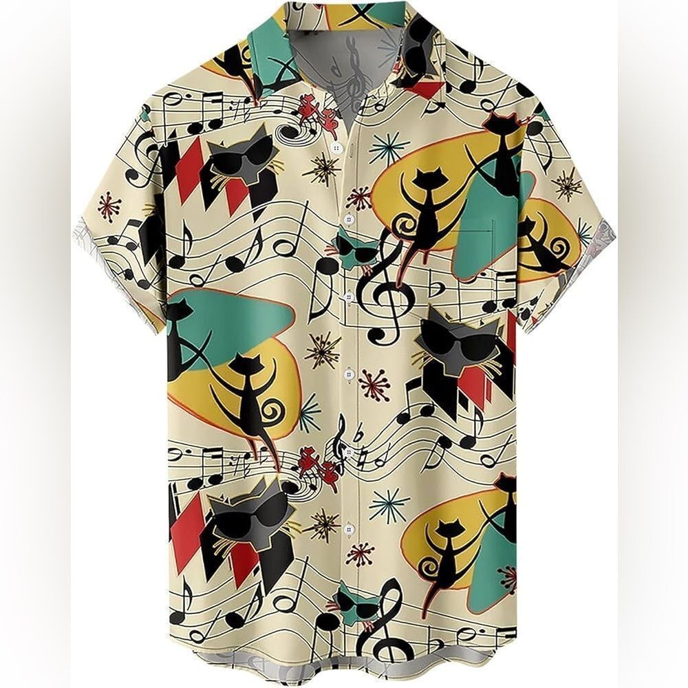 NWT Men's Cat Music Graphic Casual Button Up Short Sleeve Shirt Size XL